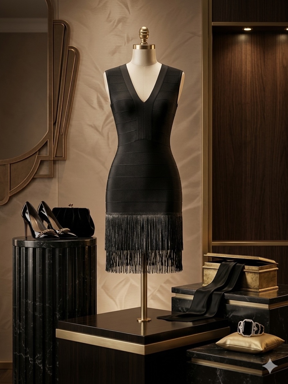 VENUS Black V-Neck Fringe Hem Mini Dress